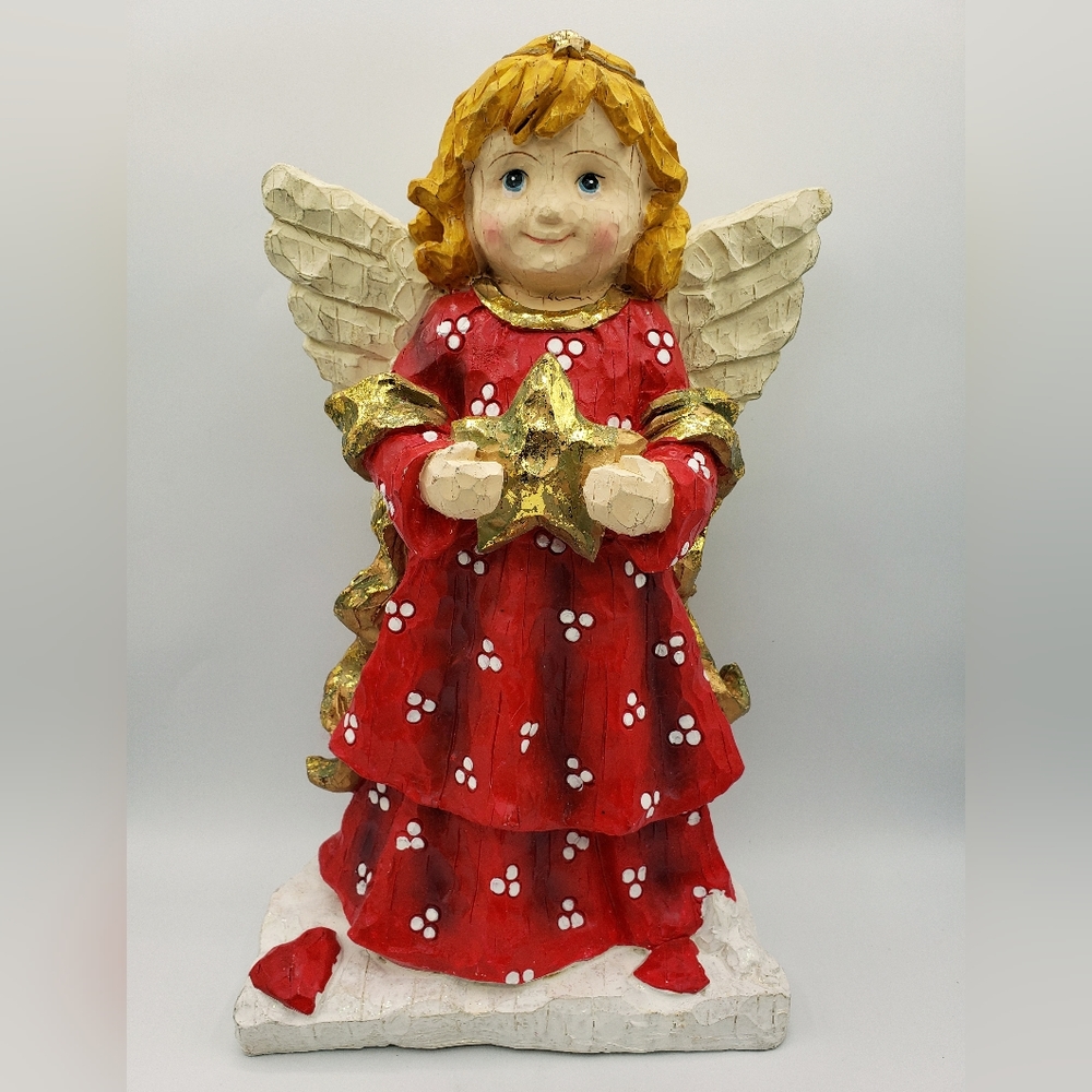 Vintage Angel Holding Star Figurine 14” Holiday Christmas Decor Wood Carved Look